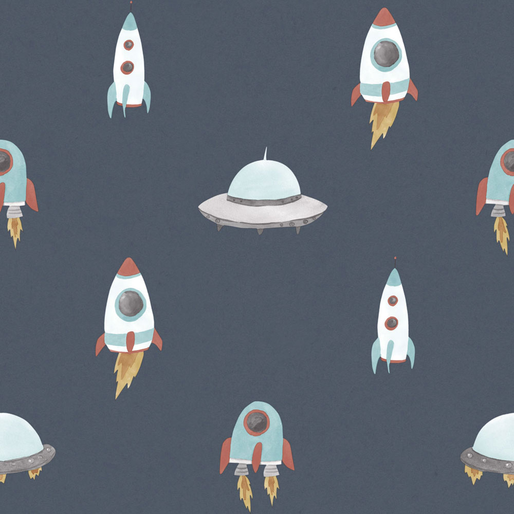 Children’s wallpaper, blue, red, spaceships, 4425, Momi, Parato by Cristiana Masi