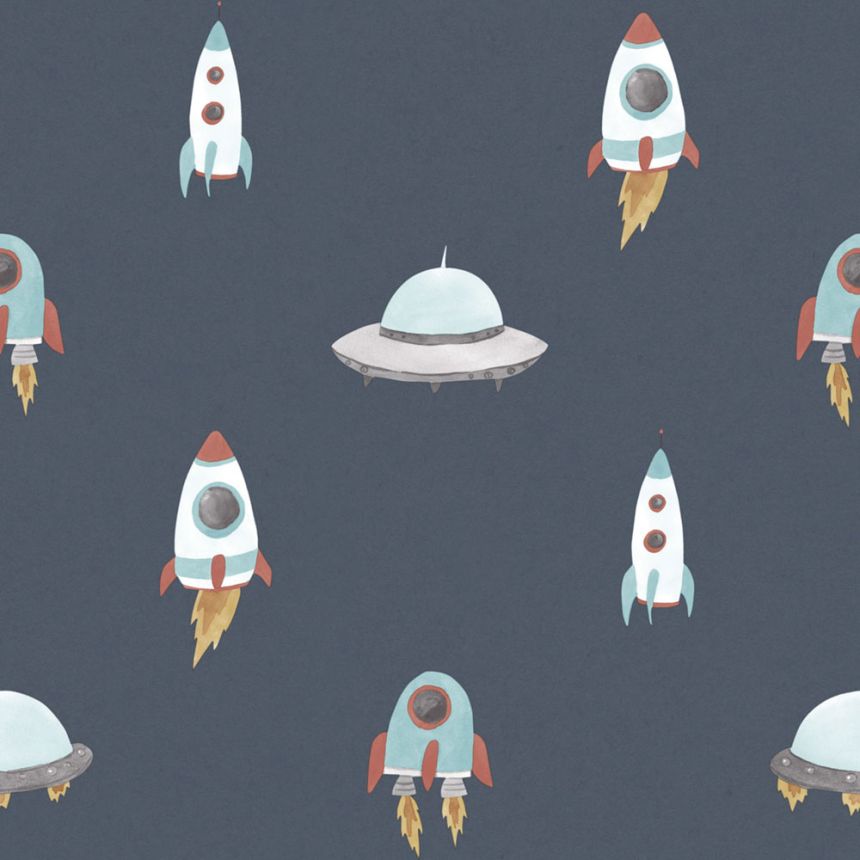 Children’s wallpaper, blue, red, spaceships, 4425, Momi, Parato by Cristiana Masi