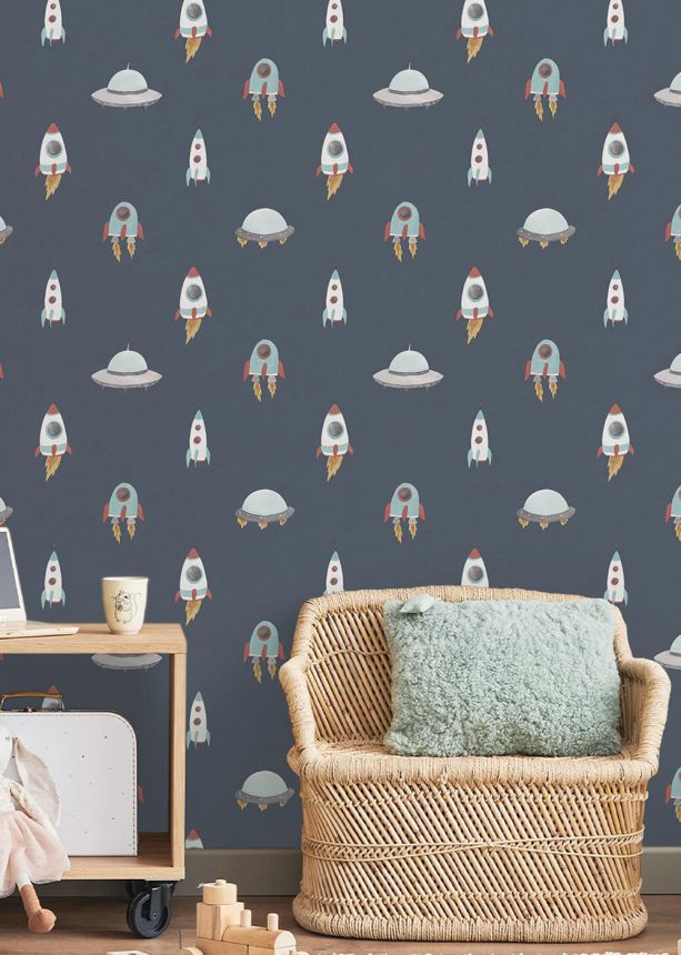 Children’s wallpaper, blue, red, spaceships, 4425, Momi, Parato by Cristiana Masi