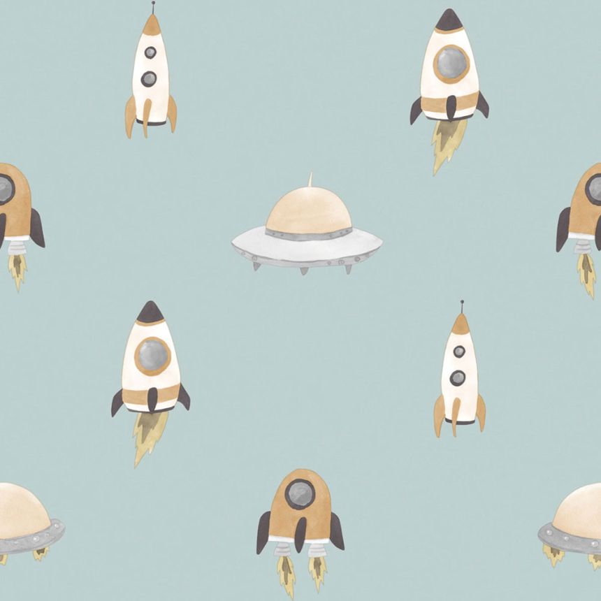 Children’s wallpaper, blue, yellow, spaceships, 4426, Momi, Parato by Cristiana Masi