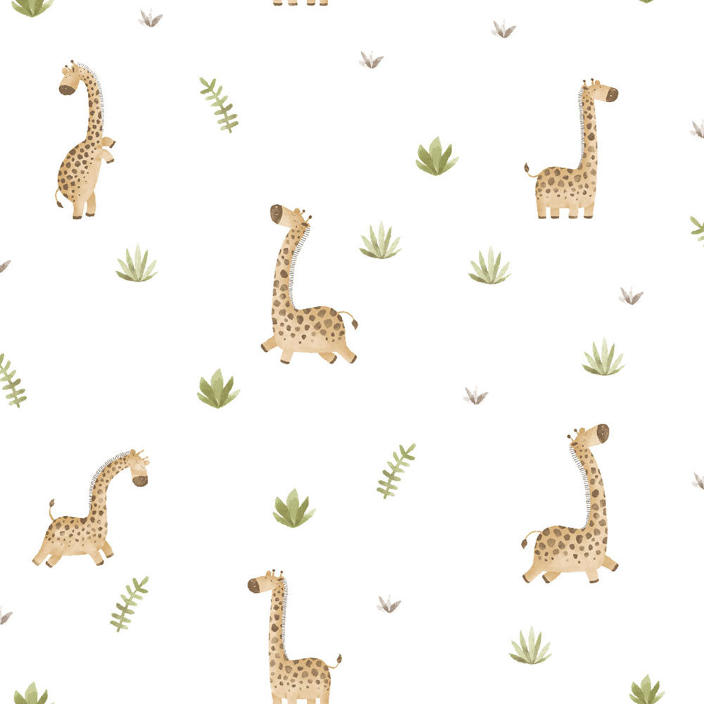 Children’s wallpaper, brown, green, giraffes and plants, 4440, Momi, Parato by Cristiana Masi