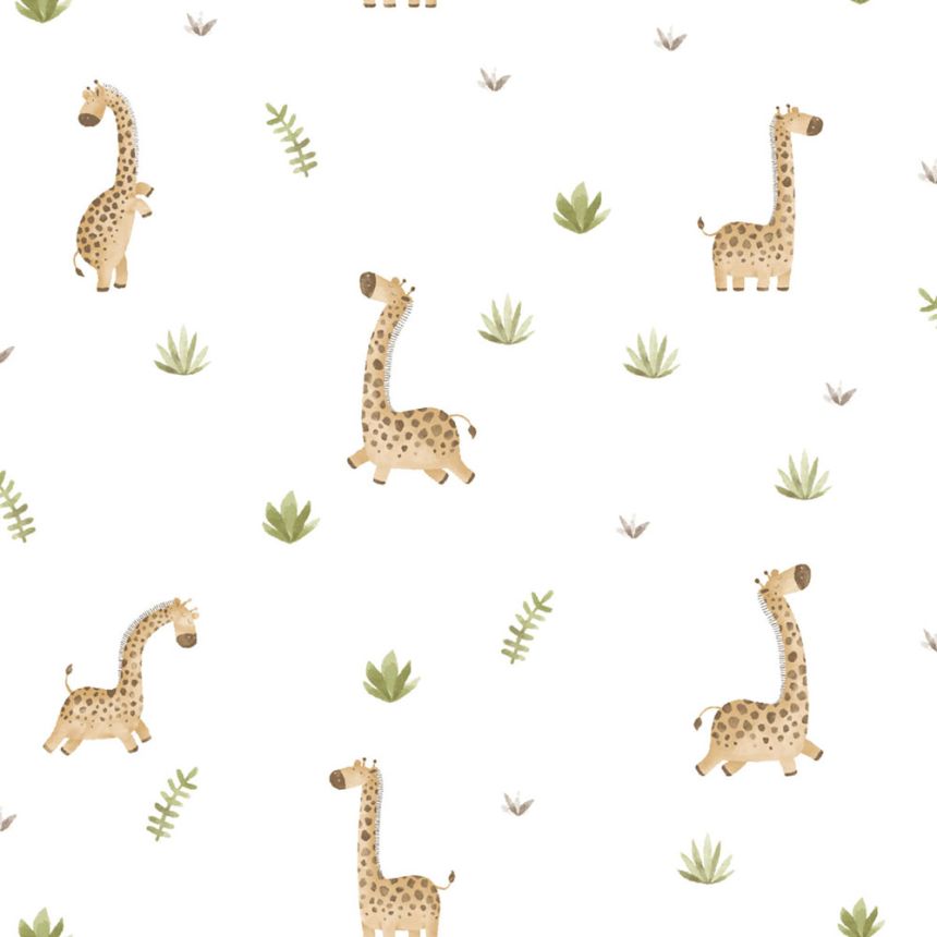 Children’s wallpaper, brown, green, giraffes and plants, 4440, Momi, Parato by Cristiana Masi