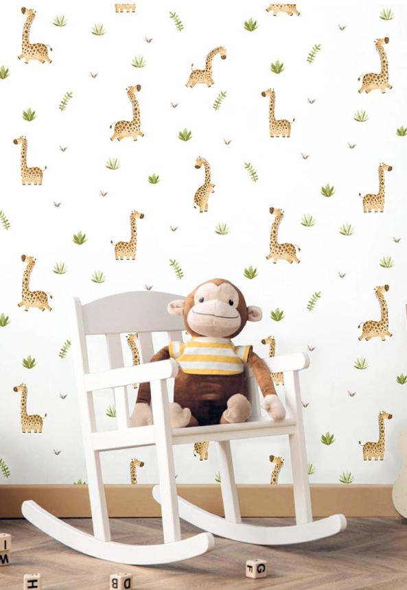 Children’s wallpaper, brown, green, giraffes and plants, 4440, Momi, Parato by Cristiana Masi