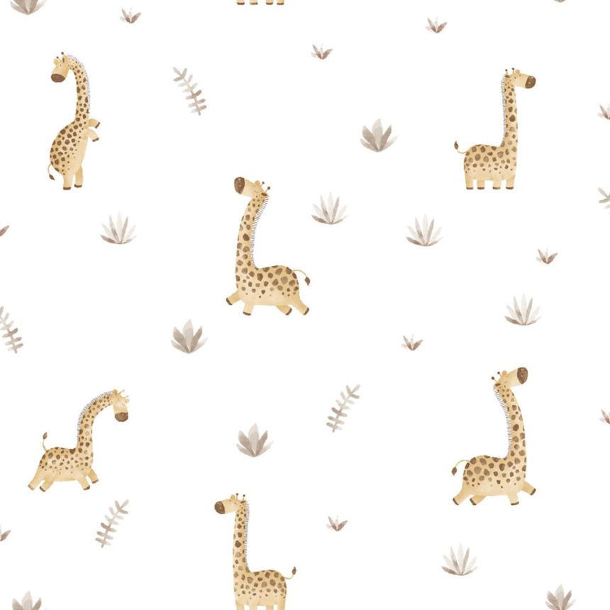 Children’s wallpaper, beige, grey, giraffes and plants, 4441, Momi, Parato by Cristiana Masi