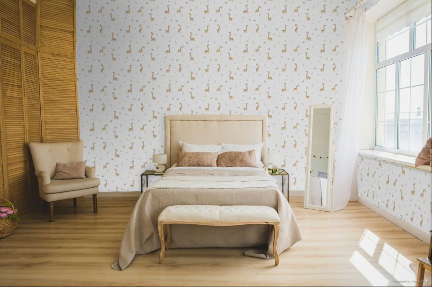 Children’s wallpaper, beige, grey, giraffes and plants, 4441, Momi, Parato by Cristiana Masi