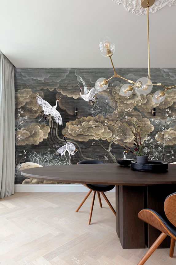 Mural wallpaper, black, grey, flying cranes, DGTRA4011-260, Traces, Masureel