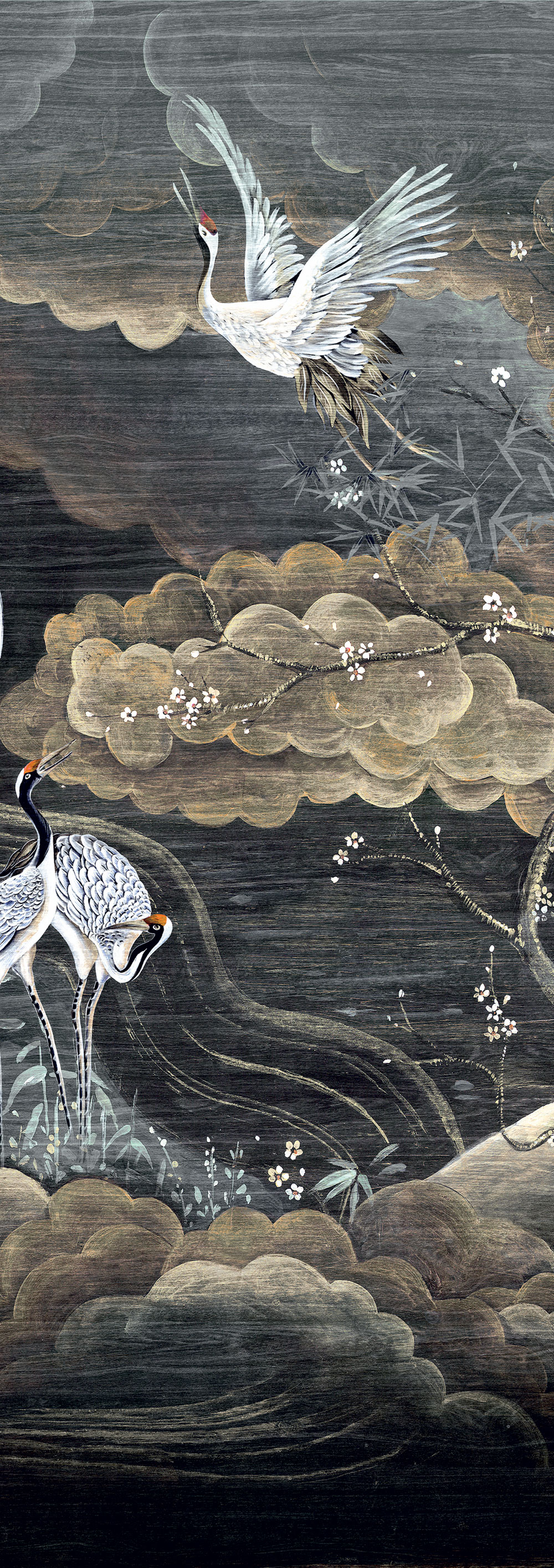 Mural wallpaper, black, grey, flying cranes, DGTRA4012-300, Traces, Masureel