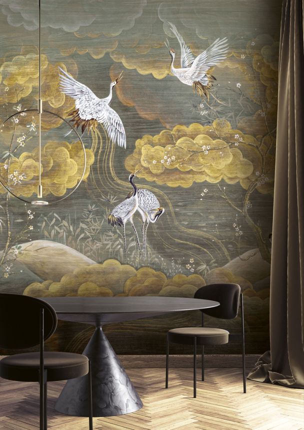 Mural wallpaper, grey, white, flying cranes, DGTRA4023-300, Traces, Masureel