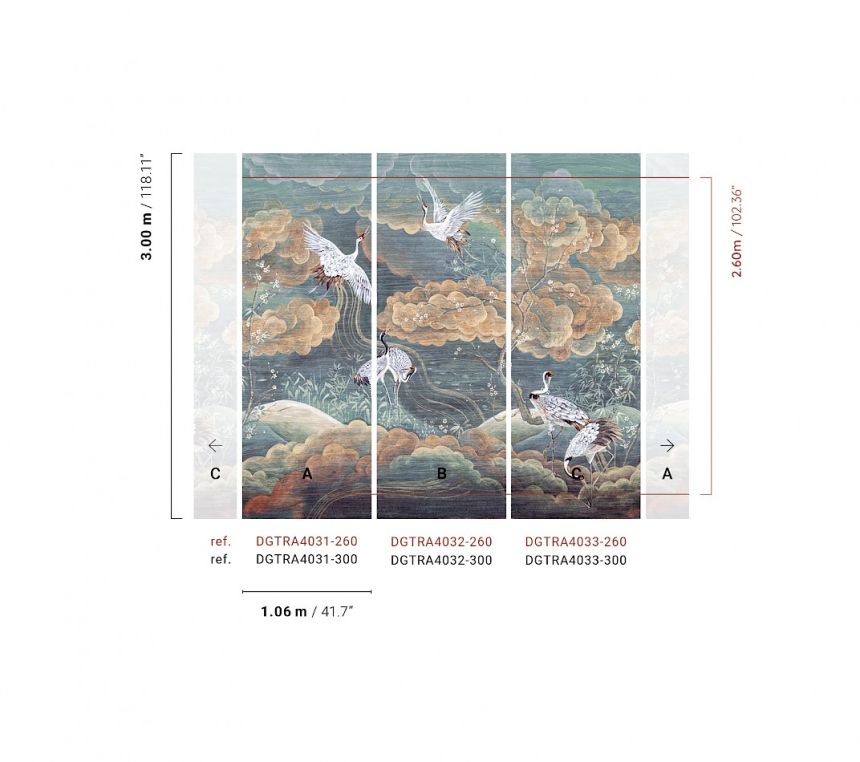 Mural wallpaper, green, white, flying cranes, DGTRA4031-260, Traces, Masureel
