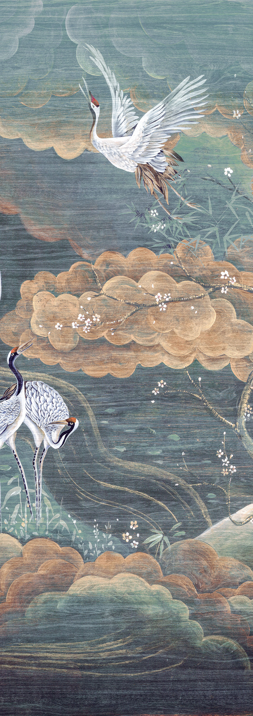 Mural wallpaper, green, white, flying cranes, DGTRA4032-300, Traces, Masureel