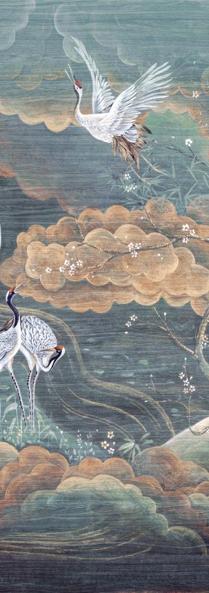 Mural wallpaper, green, white, flying cranes, DGTRA4032-300, Traces, Masureel