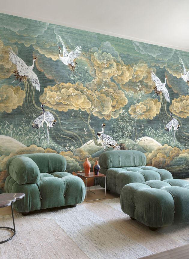 Mural wallpaper, green, white, flying cranes, DGTRA4032-300, Traces, Masureel