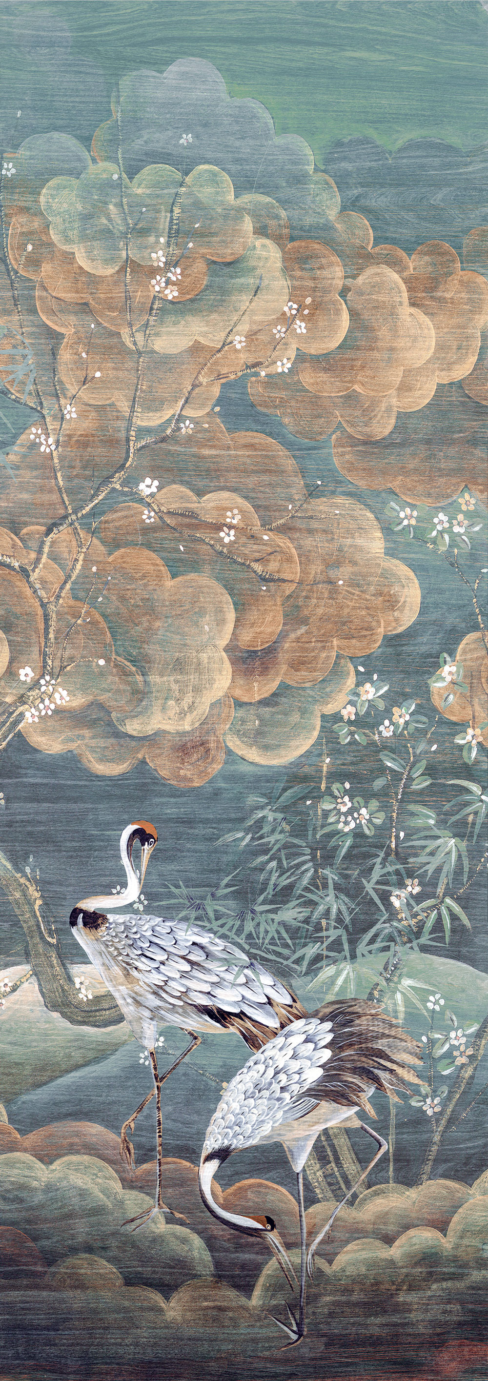 Mural wallpaper, green, white, flying cranes, DGTRA4033-260, Traces, Masureel