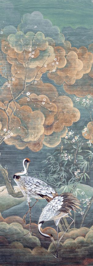 Mural wallpaper, green, white, flying cranes, DGTRA4033-300, Traces, Masureel