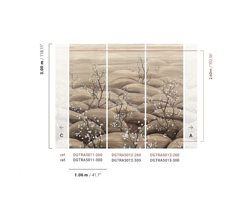 Mural wallpaper, beige, grey, flowering cherry blossom branches, DGTRA5011-300, Traces, Masureel