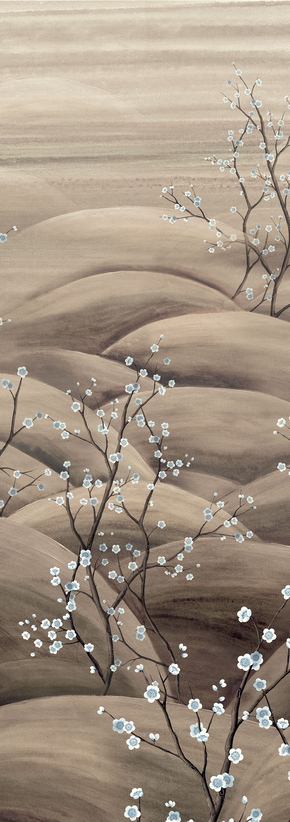 Mural wallpaper, beige, grey, flowering cherry blossom branches, DGTRA5012-300, Traces, Masureel