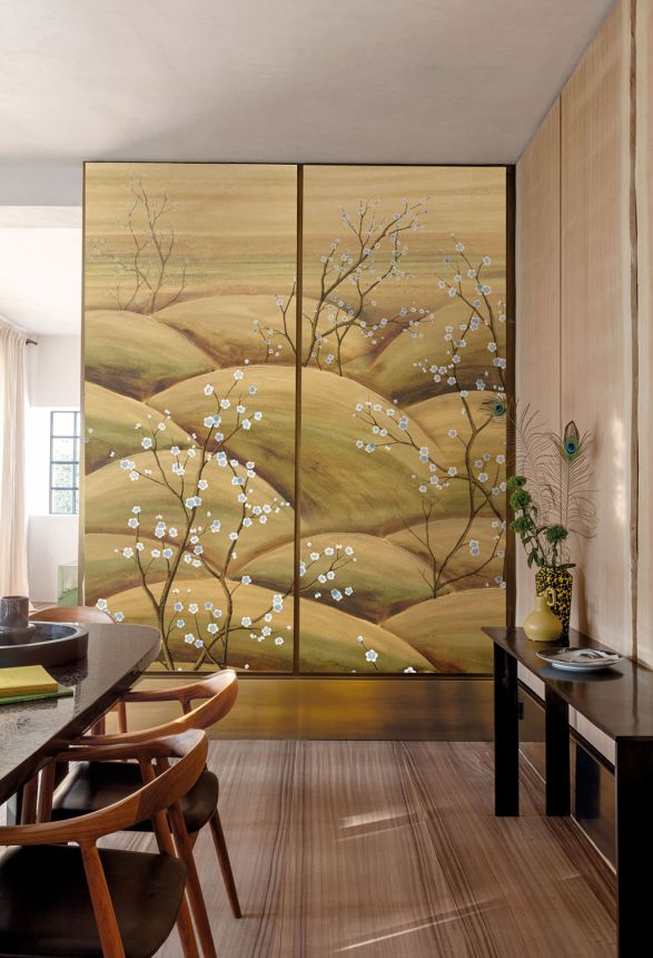 Mural wallpaper, blue, beige, flowering cherry blossom branches, DGTRA5021-300, Traces, Masureel