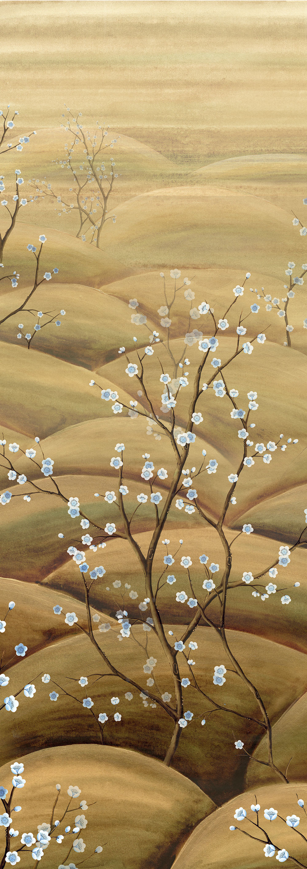 Mural wallpaper, blue, beige, flowering cherry blossom branches, DGTRA5023-260, Traces, Masureel
