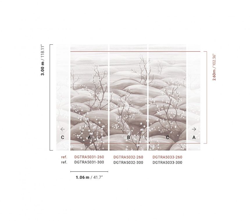 Mural wallpaper, grey, white, flowering cherry blossom branches, DGTRA5031-260, Traces, Masureel