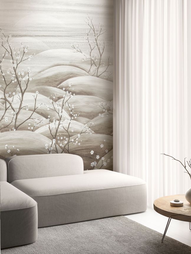 Mural wallpaper, grey, white, flowering cherry blossom branches, DGTRA5031-300, Traces, Masureel