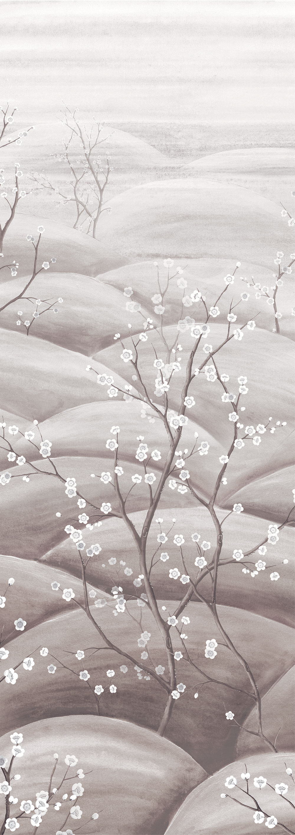 Mural wallpaper, grey, white, flowering cherry blossom branches, DGTRA5033-260, Traces, Masureel