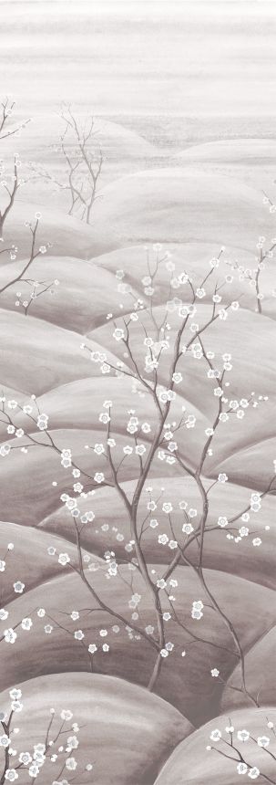 Mural wallpaper, grey, white, flowering cherry blossom branches, DGTRA5033-300, Traces, Masureel
