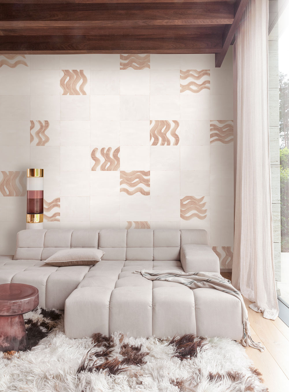 Mural wallpaper, pink, brown, waves in squares, DGTRA6031-260, Traces, Masureel