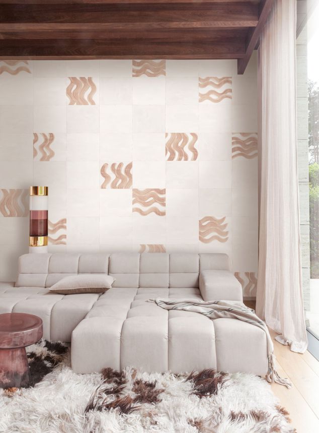 Mural wallpaper, pink, brown, waves in squares, DGTRA6031-300, Traces, Masureel