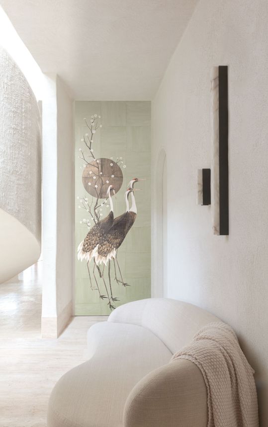 Mural wallpaper, grey, green, standing cranes, DGTRA7021-260, Traces, Masureel