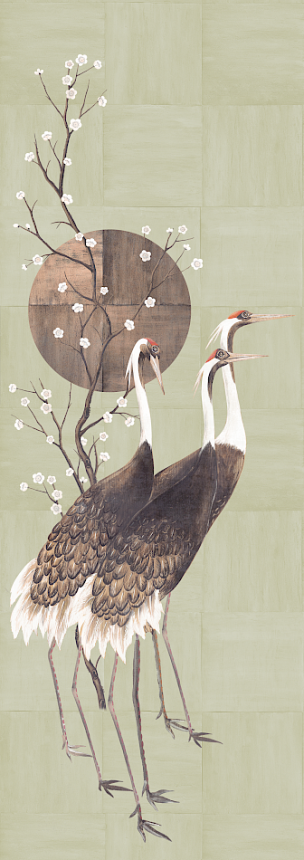 Mural wallpaper, grey, green, standing cranes, DGTRA7021-300, Traces, Masureel