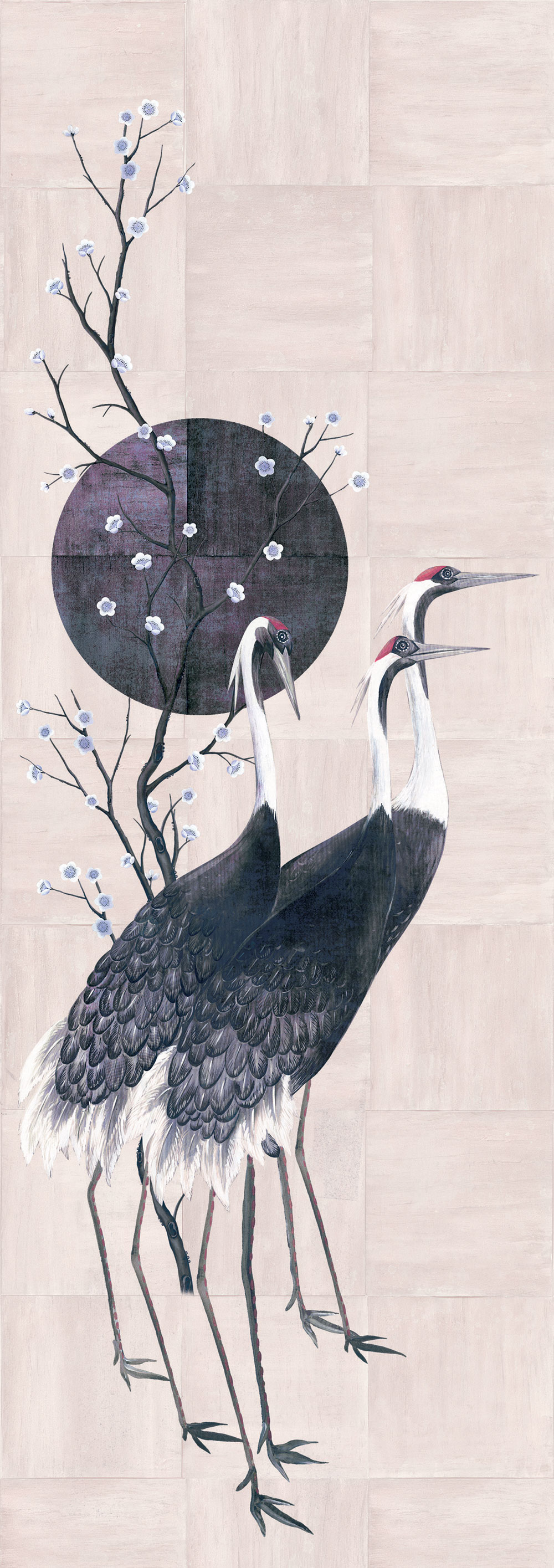 Mural wallpaper, pink, grey, standing cranes, DGTRA7041-260, Traces, Masureel