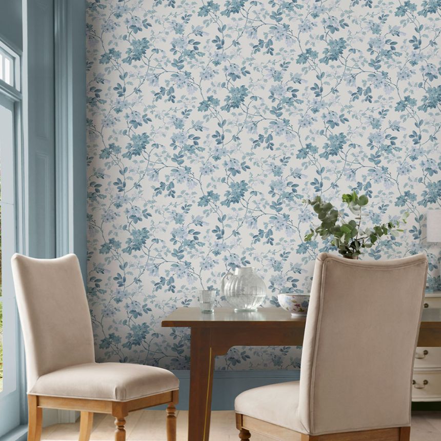 Wallpaper, Blue, White, Flowers, Leaves, 130107, Laura Ashley 4