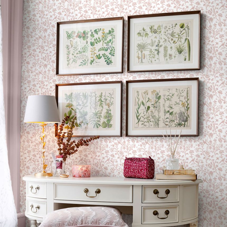 Wallpaper, White, Pink, Roses, Birds, 130108, Laura Ashley 4