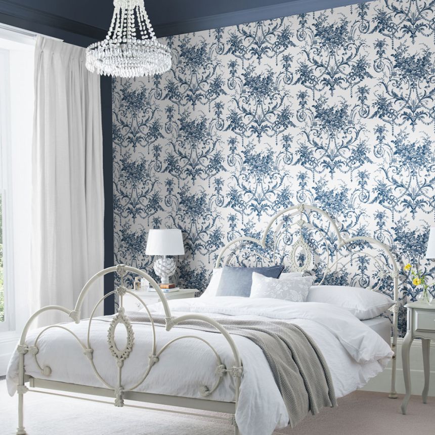 Damask Wallpaper, Blue-White, Flowers, 122767, Laura Ashley 4