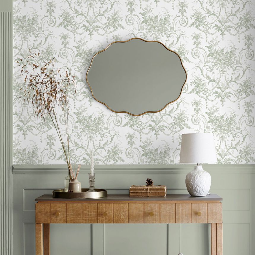 Damask Wallpaper, Green-White, Flowers, 130112, Laura Ashley 4