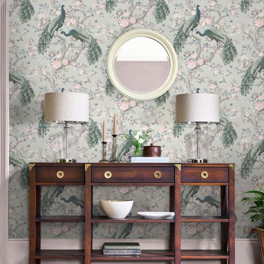Wallpaper, Green, Grey, Roses, Peacocks, 130113, Laura Ashley 4