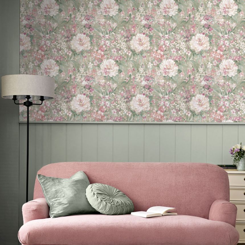 Wallpaper, Green, Pink, Floral Pattern, 140328, Laura Ashley 4