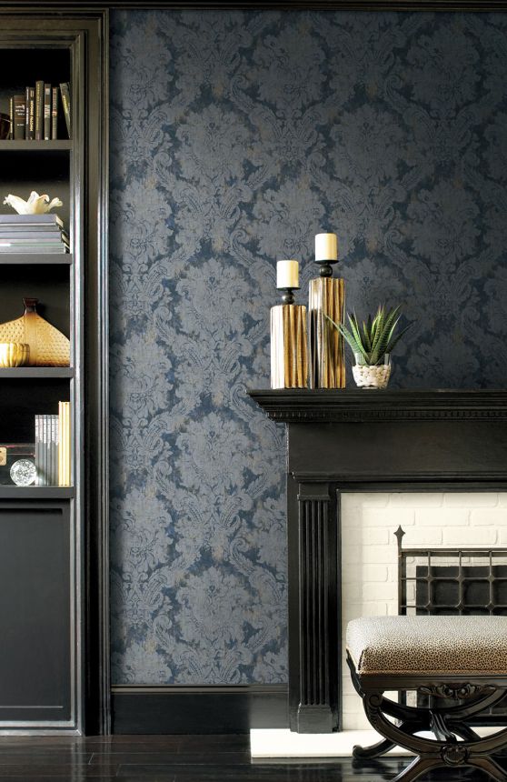 Wallpaper, blue, grey, damask pattern, AU41006, Aurelia, Prestige Wallcoverings