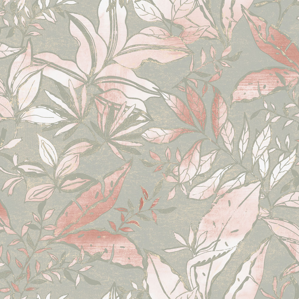 Wallpaper, grey, pink, leaves and branches, AU41703, Aurelia, Prestige Wallcoverings