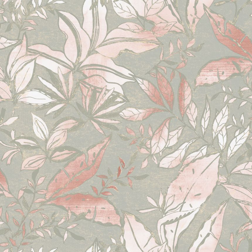 Wallpaper, grey, pink, leaves and branches, AU41703, Aurelia, Prestige Wallcoverings