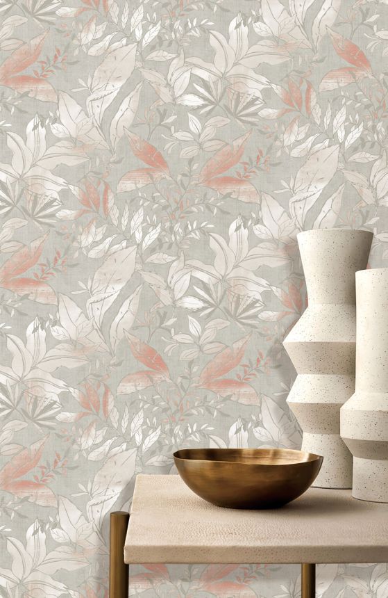 Wallpaper, grey, pink, leaves and branches, AU41703, Aurelia, Prestige Wallcoverings
