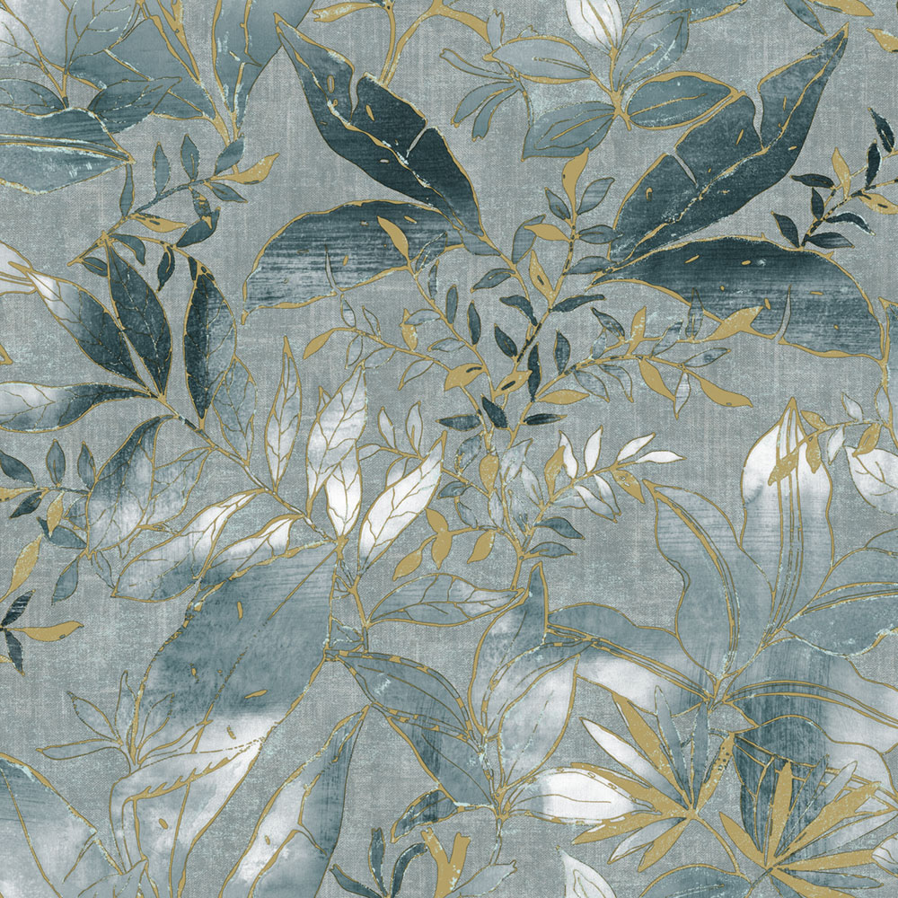 Wallpaper, blue, gold, leaves and branches, AU41704, Aurelia, Prestige Wallcoverings