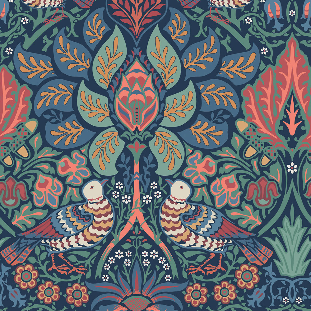 Wallpaper, Blue, Orange, Flowers, Birds, 140477, William Morris at Home vol. 2