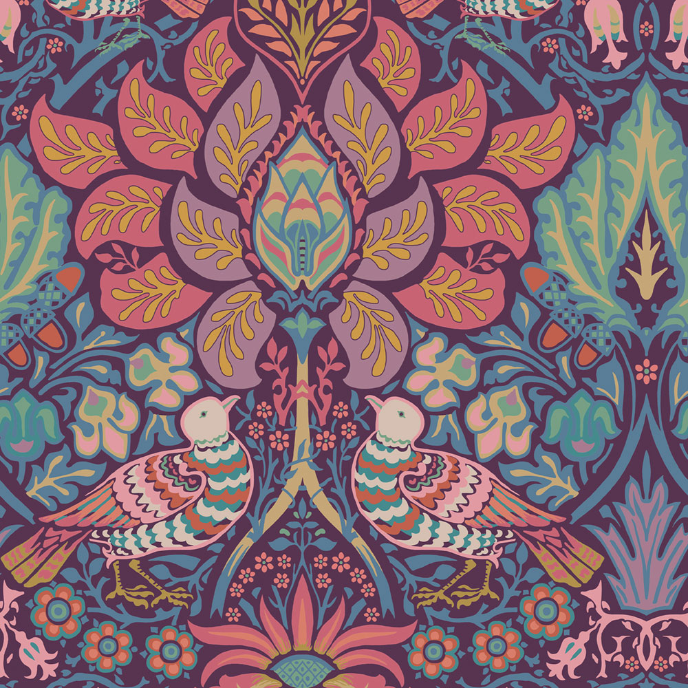 Wallpaper, Purple, Pink, Flowers, Birds, 140478, William Morris at Home vol. 2