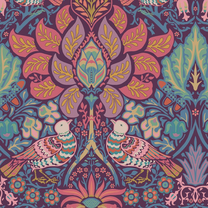 Wallpaper, Purple, Pink, Flowers, Birds, 140478, William Morris at Home vol. 2