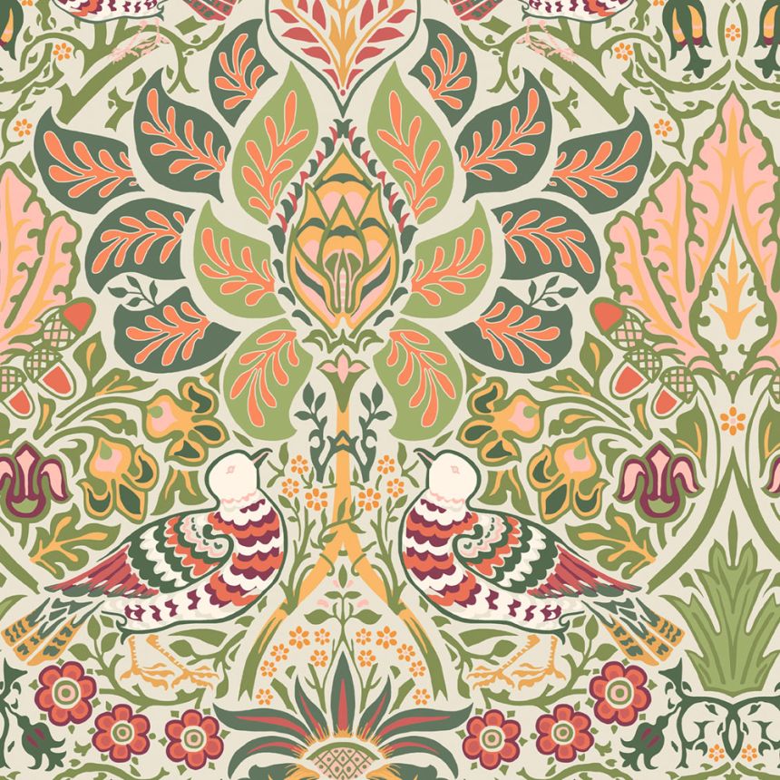 Wallpaper, Olive Green, Red, Flowers, Birds, 140481, William Morris at Home vol. 2