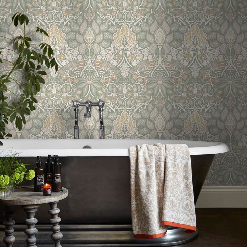 Wallpaper, Green, Pink, Flowers, Birds, 140482, William Morris at Home vol. 2