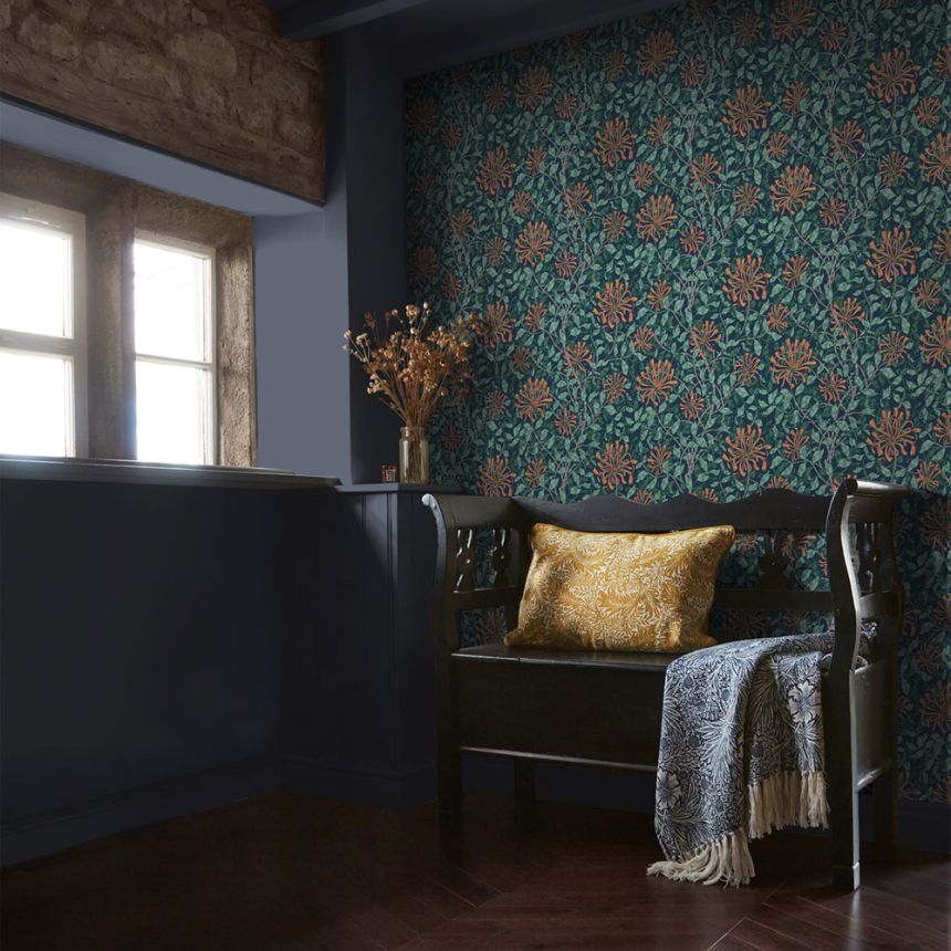 Wallpaper, Blue, Green, Flowers, Leaves, 140484, William Morris at Home vol. 2