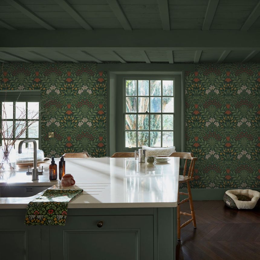 Wallpaper, Green, Red, Flowers, Leaves, 140495, William Morris at Home vol. 2