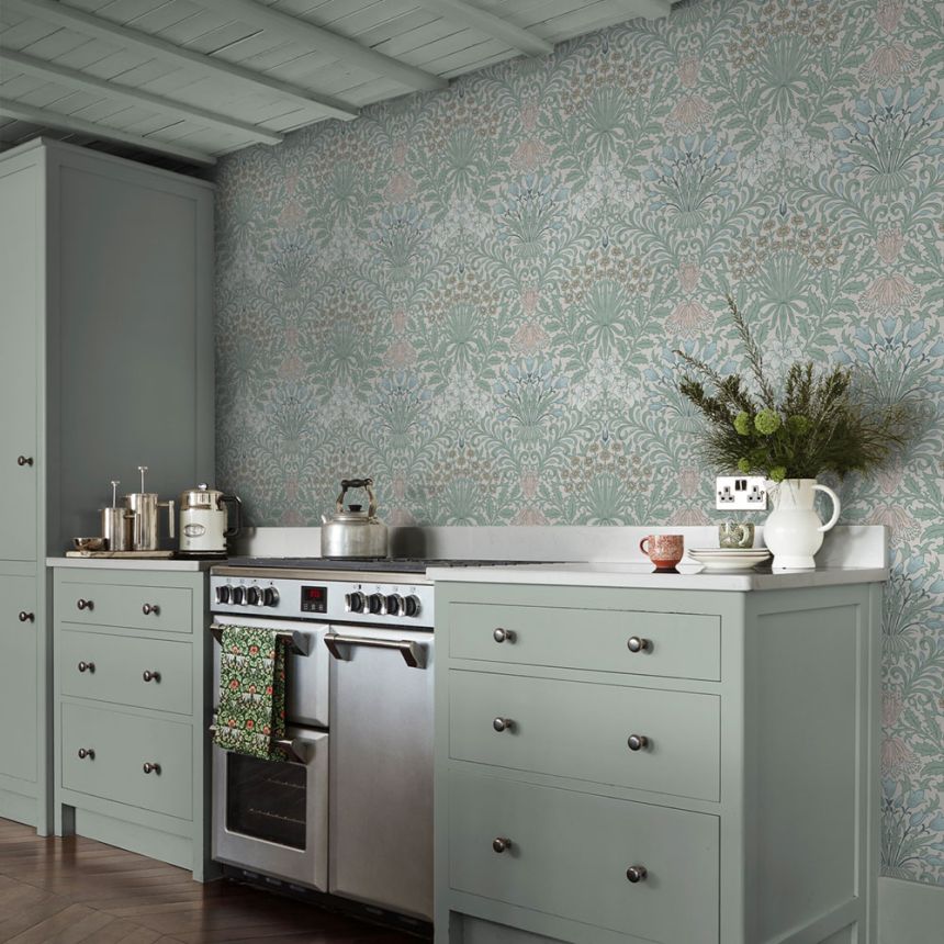 Wallpaper, Green, Pink, Flowers, Leaves, 140496, William Morris at Home vol. 2